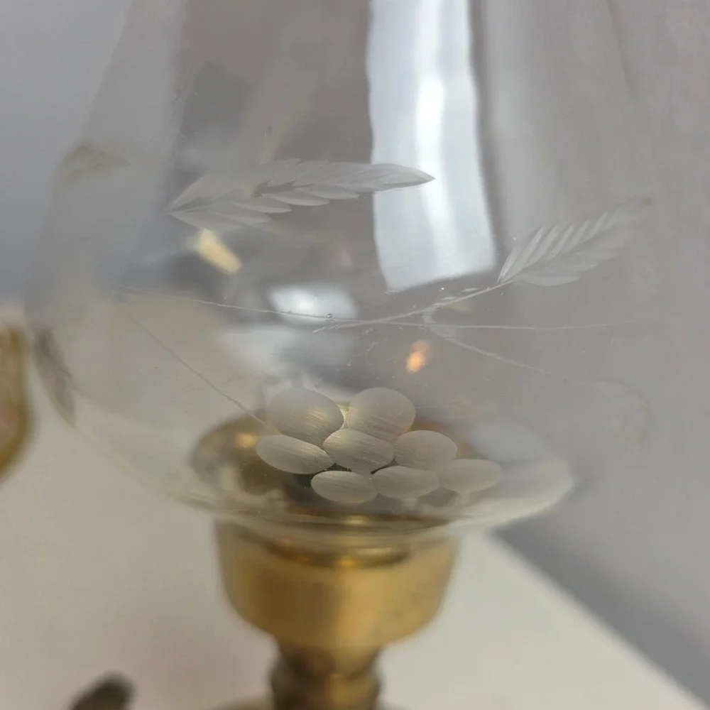 Vintage Brass‎ Chamberstick Candle Holder with Etched Glass Hurricane Chimney